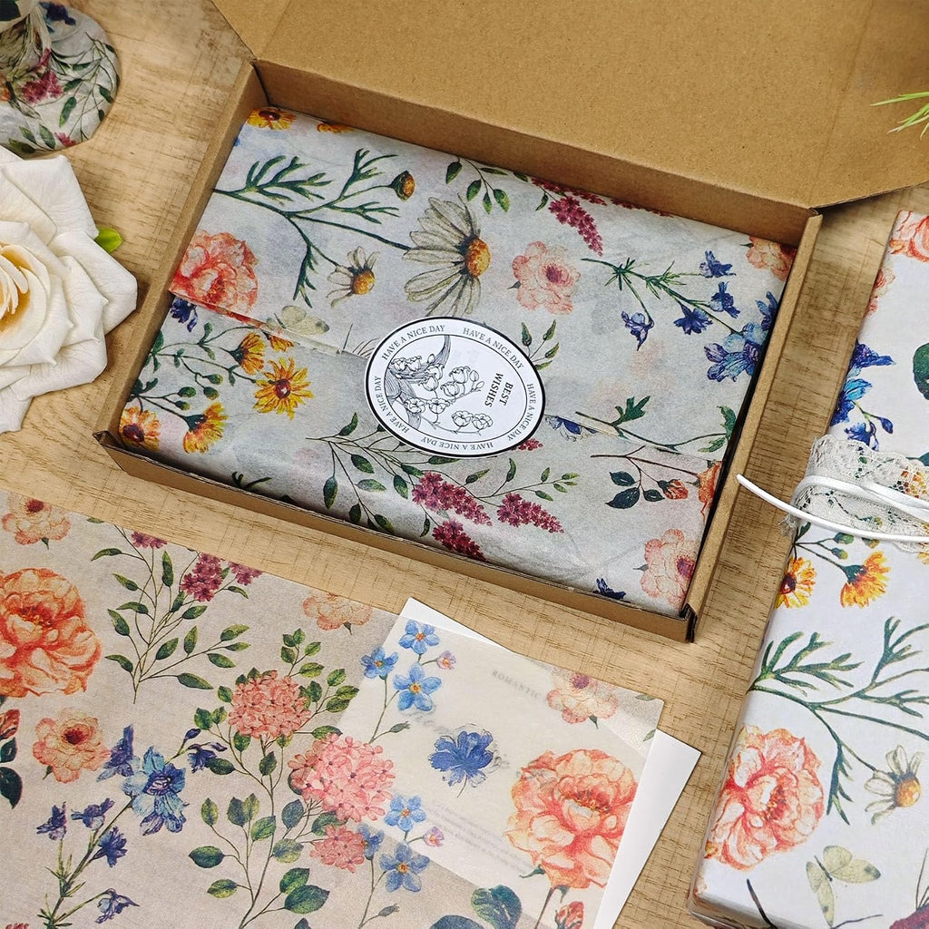 LIAPAWPAW Rustic Floral Tissue Paper, Wildflower Lavender Printed Gift Wrapping Tissue Paper for Gift Bags, Vintage Art Packaging for Birthday, Wedding, Shower, Holiday, DIY Craft, 60 Sheets 20×14 in