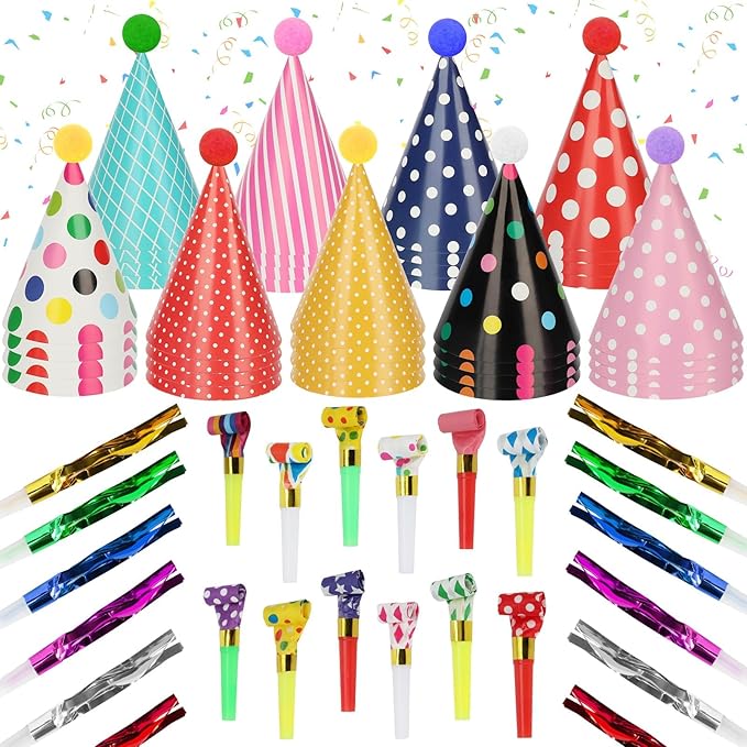 116 PCS Birthday Party Cone Hats Assorted Colors Cone Paper Hat with Colorful Blowers and Metallic Fringed Noise Makers Blowouts for Kids Adults Birthday Baby Shower Party Supplies
