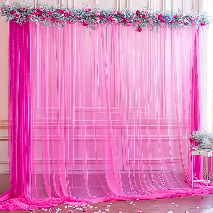 10x10ft Hot Pink Tulle Backdrop Curtain for Parites, Sheer Backdrop Curtains for Wedding Baby Shower Birthday Party Photo Shoot Decorations