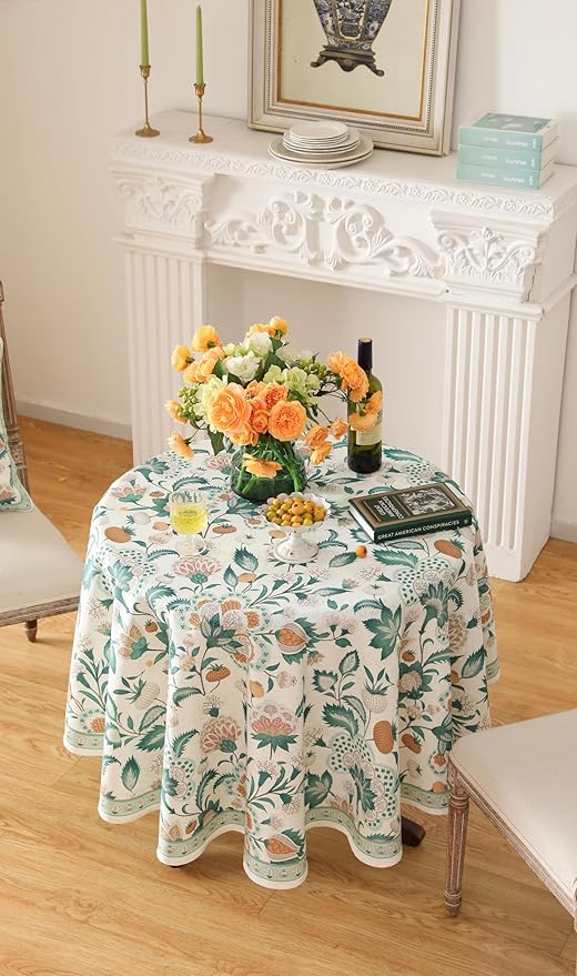 patdrea Designer Green French Table Cloth for Round Table,Vintage Italian Floral Country Linen Breathable Tablecloth,Cover for Kitchen Dining,Christmas,Thanksgiving,Diameter 67"-Tree Life