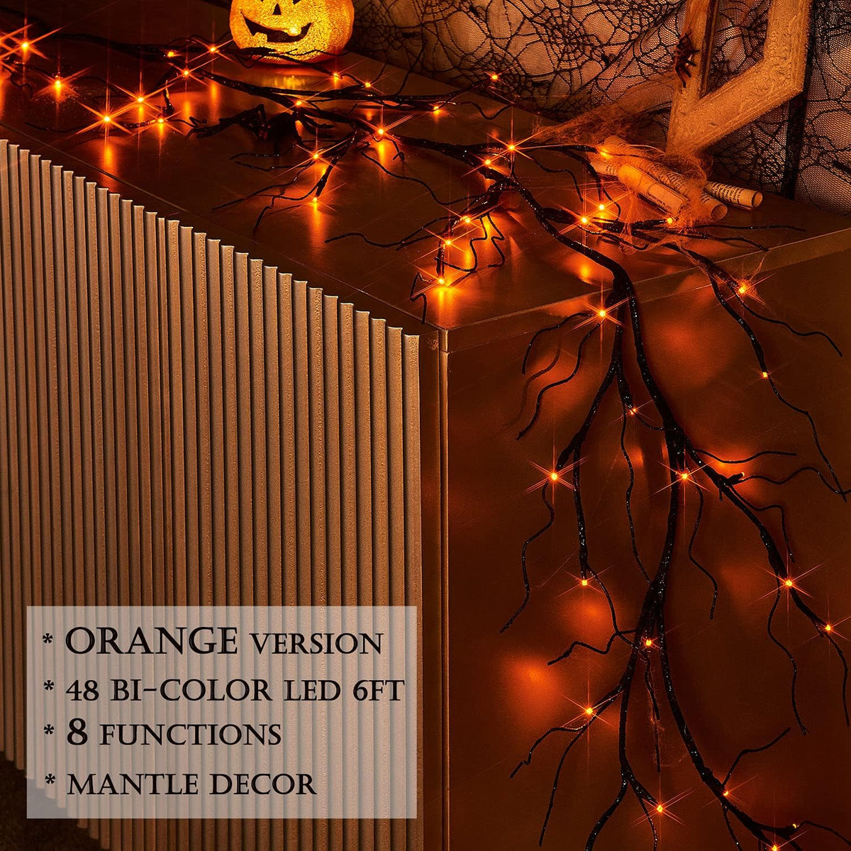 litbloom lighted black glittered garland with 48 orange shown in use