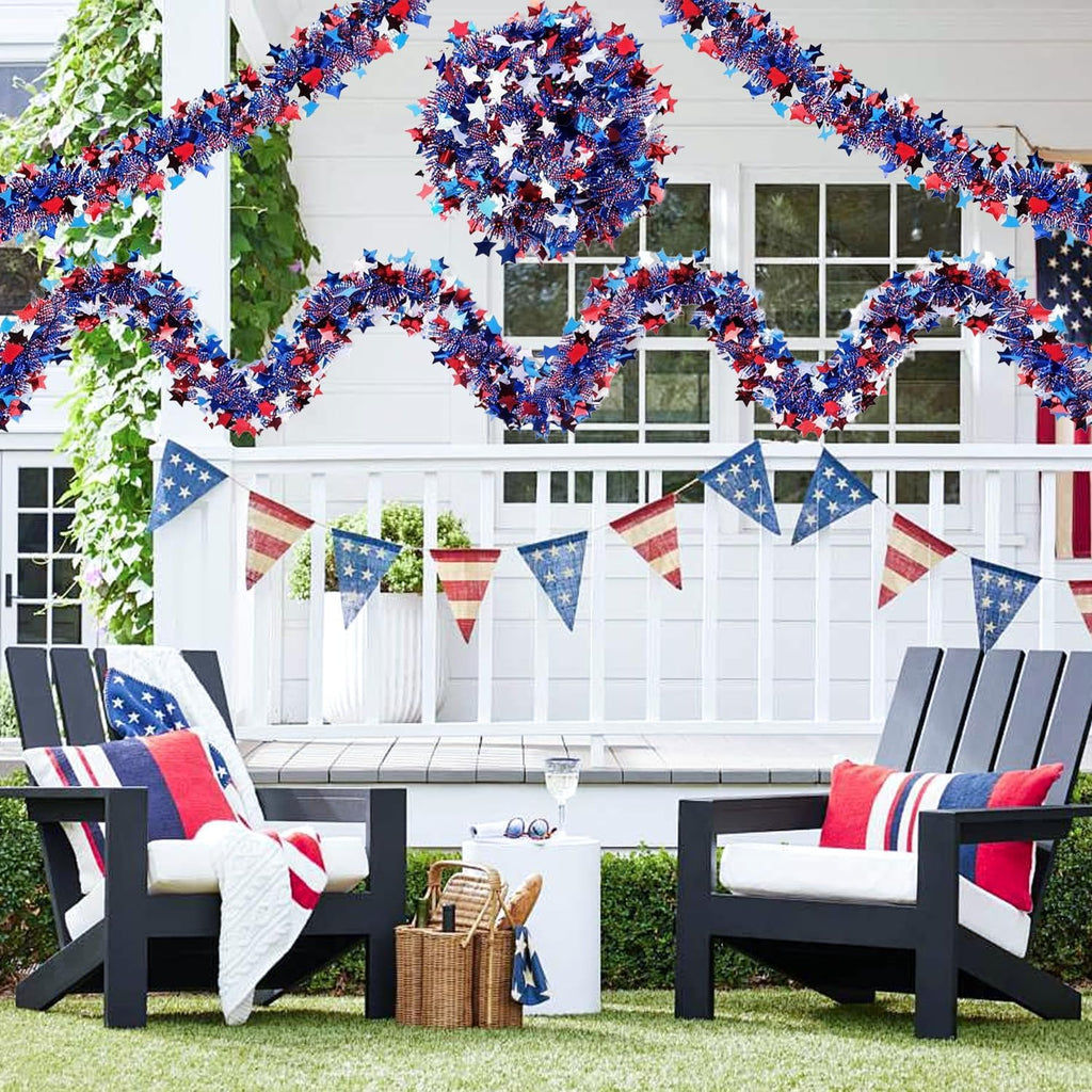 50Ft Metallic Glitter Stars 4th of July Garland Decorations,USA 250th Anniversary Patriotic Independence Memorial Day Decor for Tree Mantle Yard Door Parade Car Table Indoor Outdoor Holiday Party