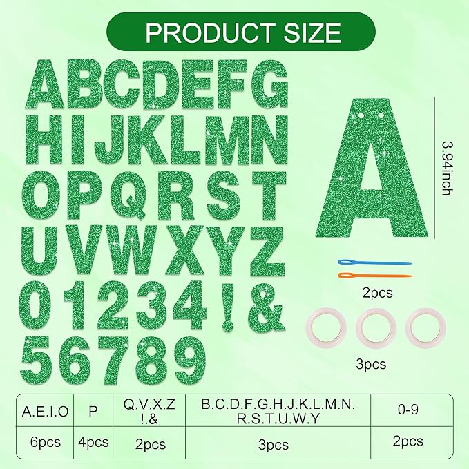 BEISHIDA 116 PCS A-Z Glitter Green DIY Letter Banner Kit Make Your Own Banner，Including 111 Letters and Numbers 3 Rope and 2 Threading Device,Customized for Birthday Graduation Wedding Party Decor