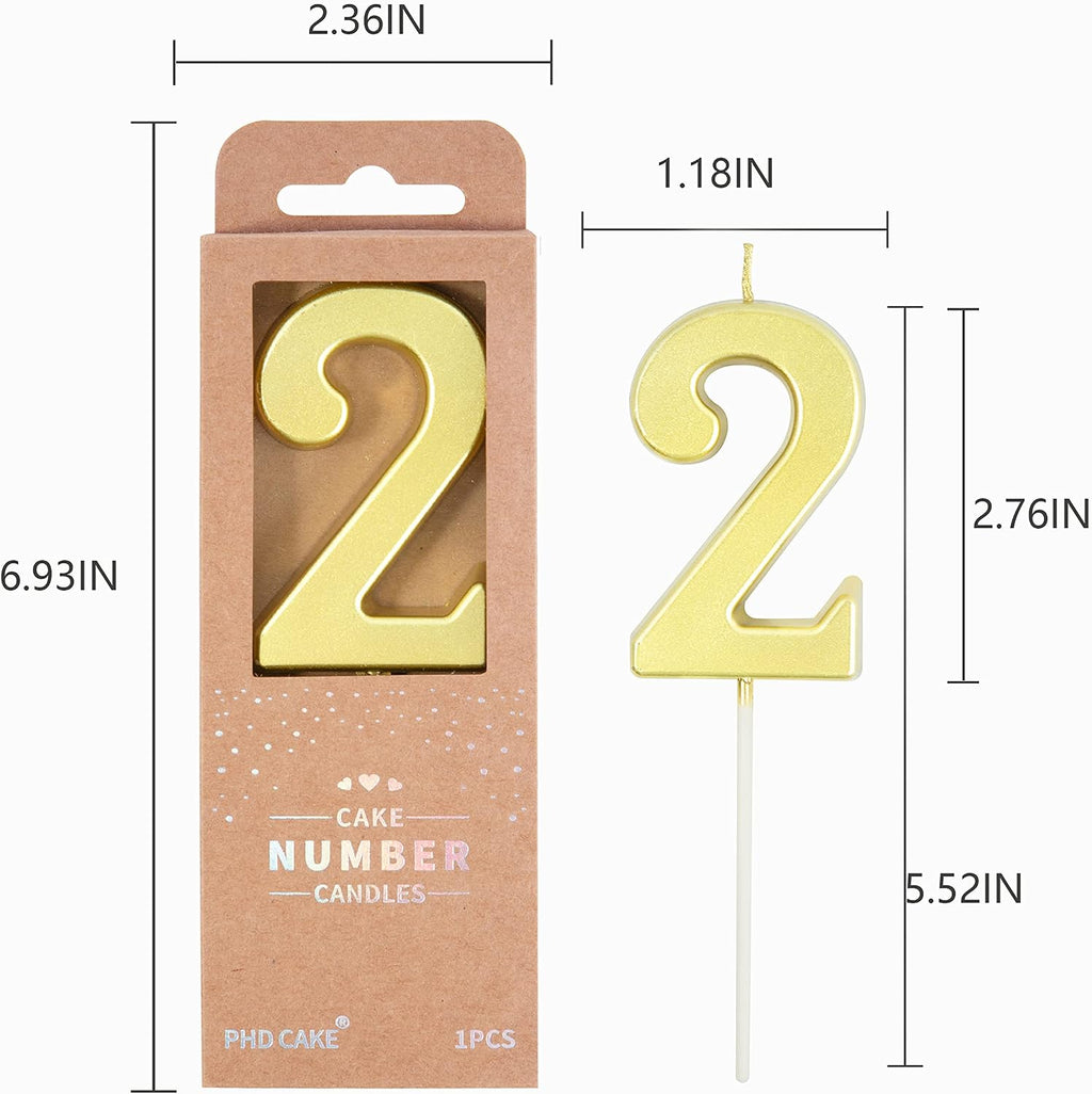 PHD CAKE 2.76 Inch Modern Gold 2 Number Birthday Candles, Gold Number Candles, Cake Number Candles, Party Celebration