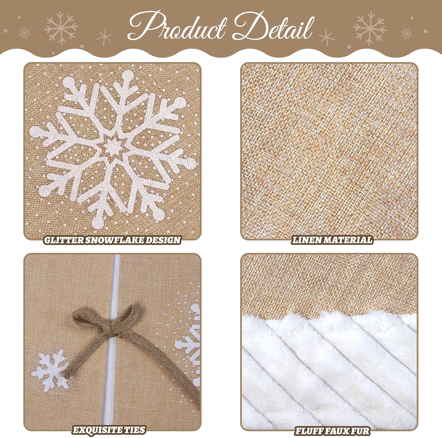 AerWo 60 inch Christmas Tree Skirt with White Snowflake, Large Burlap Tree Skirts with Fur Border, Rustic Farmhouse Tree Skirt for Xmas Tree Decorations Indoor Outdoor Holiday Decor
