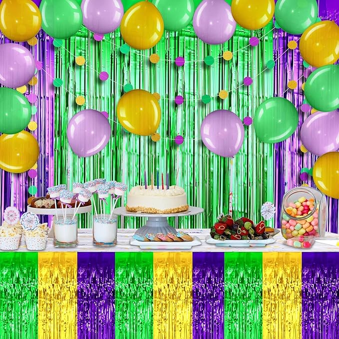 6 Pack 29x108 Inch Mardi Gras Metallic Foil Fringe Tinsel Table Skirts for Rectangle Tables Streamer Backdrop for Wedding, Birthday, Parade Floats, Carnival Party Decoration Gold Green Purple