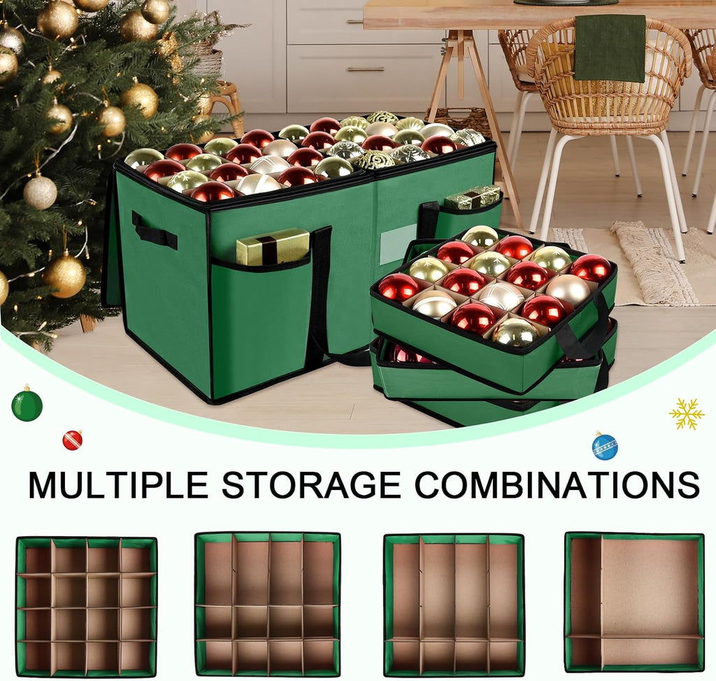 Christmas Ornament Storage Box with Dividers, Christmas Balls Storage Containers with Zipper & 8 Removable Trays, Holds Up to 128 Balls - 600D Oxford Christmas Decoration Storage Organizer (Green)