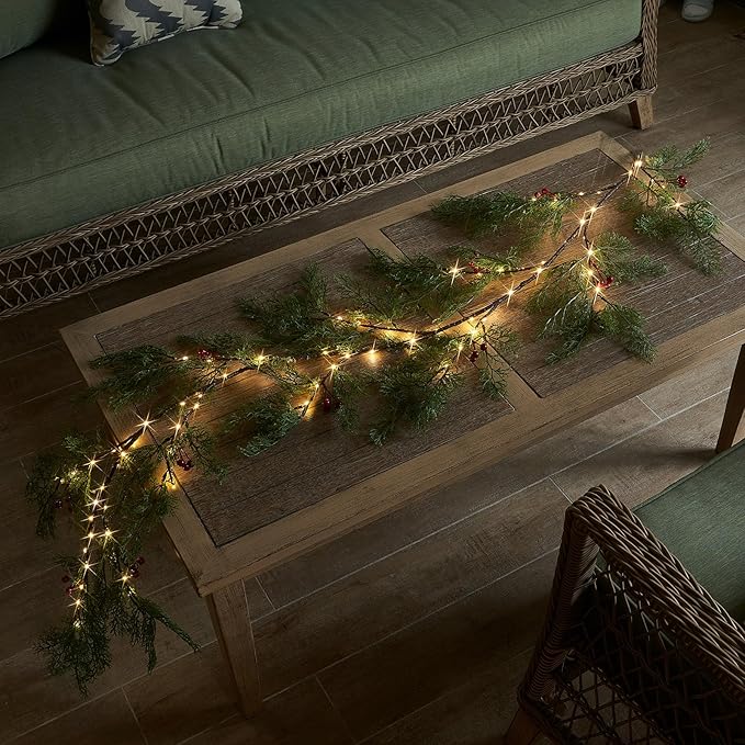 Birchlitland Christmas Garland with Lights Cadar Lighted Garland Battery Operated with Timer or USB Light 6FT 80 LED Fairy Lights, Faux Vine with Lights for Mantel Fireplace and Holiday Decor