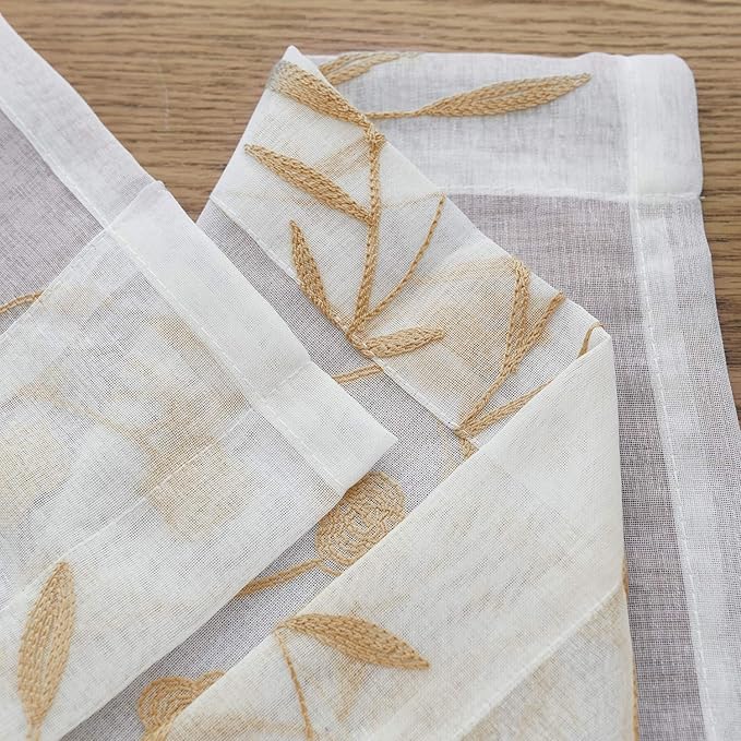 Sheer Curtains with Desin White-Beige Floral Embroidery 84 Inch Long Rod Pocket Lace Drapes for Living room, Bedroom, 2 Panels, 52"x84", Semi Voile Outdoor Window Treatment Sets for Yard, Patio.