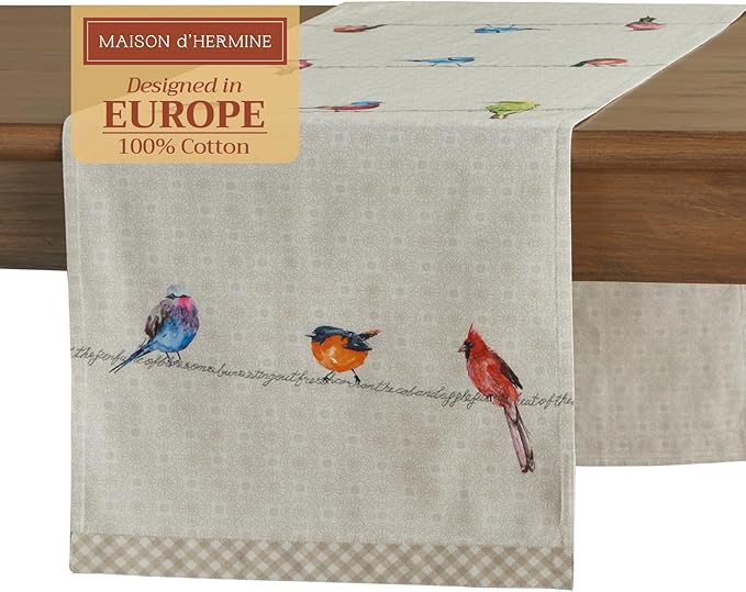Maison d' Hermine Table Runner 100% Cotton Double Layer Table Runners 108 inches Long Decorative for Home Kitchen Dining Party Wedding Bridal Shower Spring Summer (Birdies On Wire, 14.50" x 108")