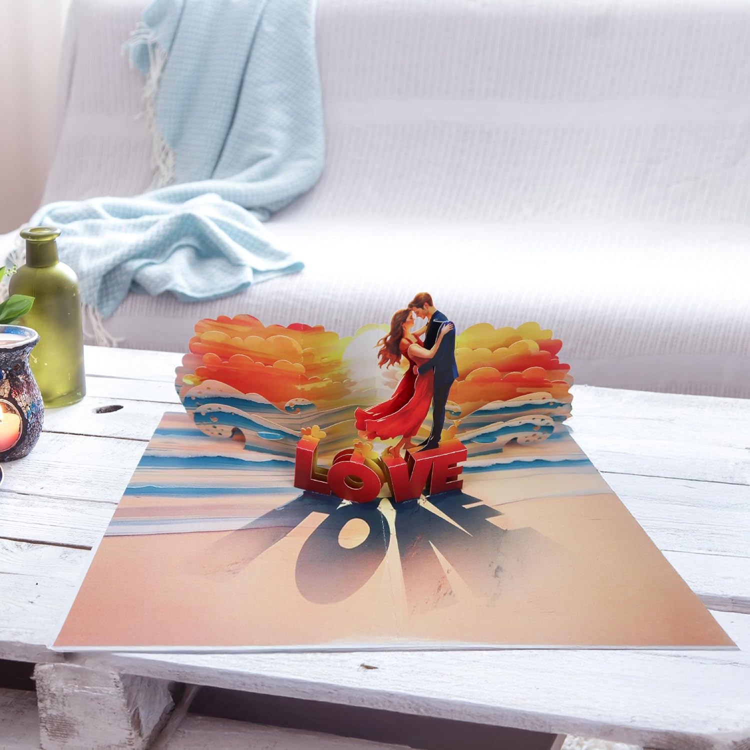 CUTE POPUP 3D Pop Up Love Card Romantic Couple on Beach at Sunset Design Anniversary, Valentine's Day, Birthday Card for Her, Him — Handmade 6x8 Inch, Envelope Included