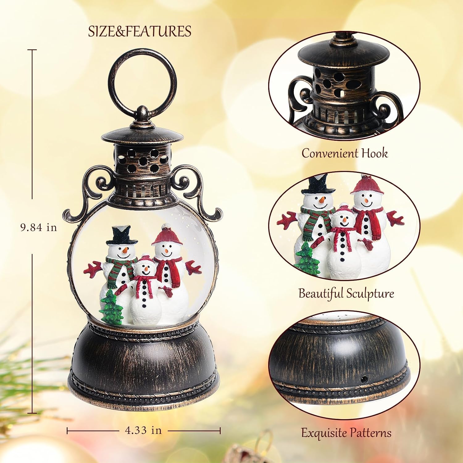 Christmas Snow Globes, Christmas Snowman Snow Globes Lantern with 8 Songs, 6H Timer Battery & USB Powered Glitter Music Box for Christmas Table Decorations Home Decor