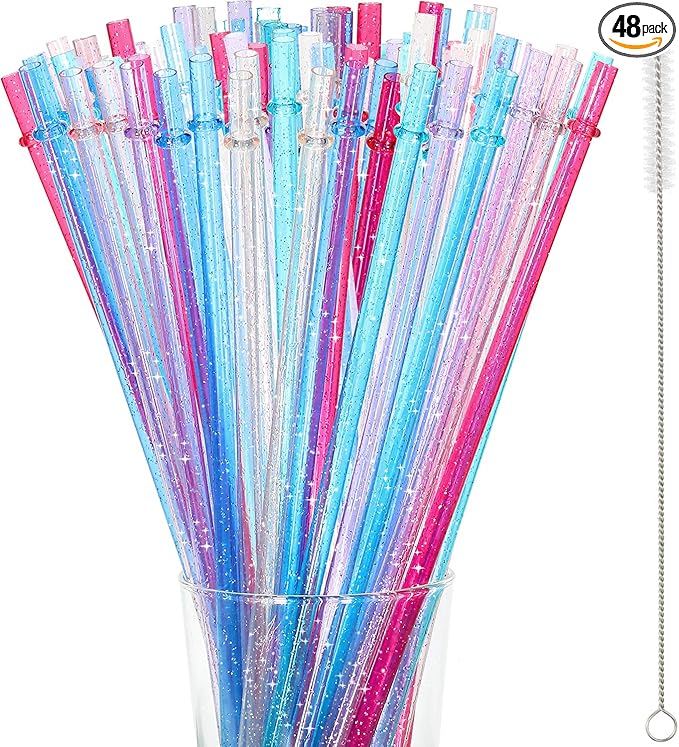 48 Pcs Plastic Straws with Team Bride Flags Reusable Glitter Drinking Straw(Red, Dark Blue, Pink, Champagne, Purple, Blue)