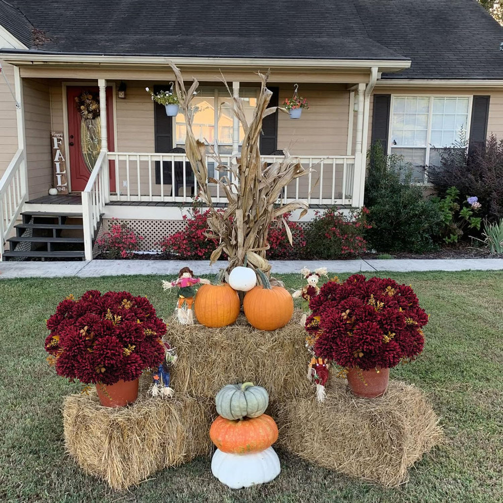 6 bundles artificial fall mums flowers fake silk, front angle view