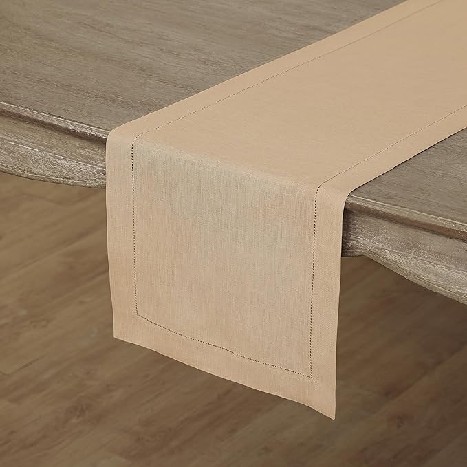Solino Home Linen Beige Table Runner 72 Inches Long - 100% Pure Linen Hemstitch Table Runner 14 x 72 Inch for Dresser, Dining, Fall, Autumn, Halloween, Thanksgiving, Christmas - Classic Hemstitch