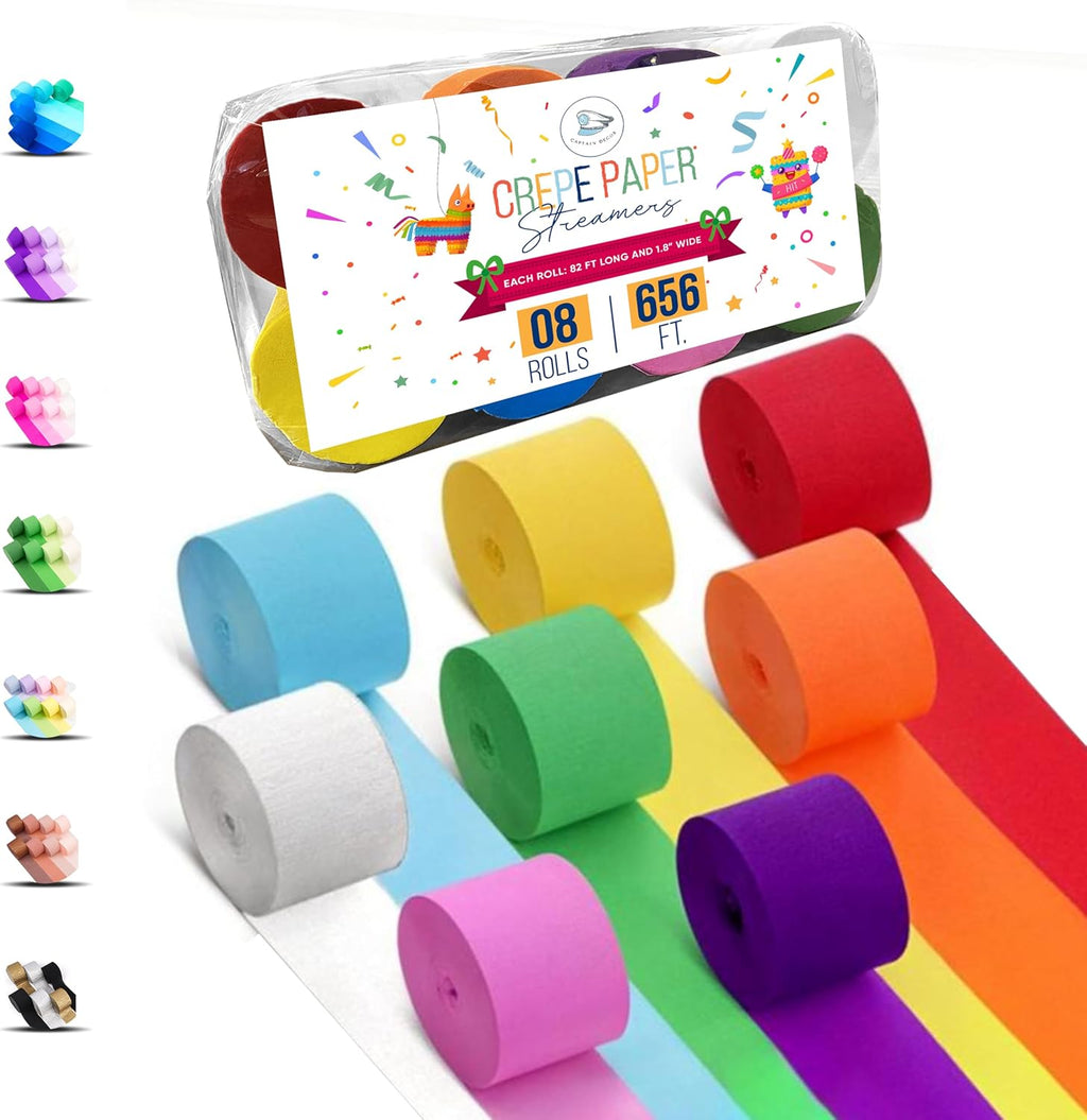 8 Crepe Paper Streamers Rolls, 656ft Pack of Unique 8 Rainbow Streamers Party Decorations, Birthday Streamers, Party Streamers for Wedding Decoration (1.8 inch x 82 ft/Roll)