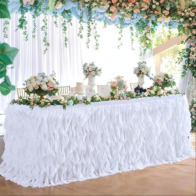 Partisky White Tulle Curly Willow Table Skirt for Rectangle Table 9ft, Ruffle Tutu Table Cloth for Wedding,Bridal Shower, Baby Shower,Birthday Party