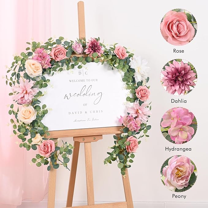Waipfaru Flower Garland Decorations, 6.07Ft Pink Floral Rose Garland, Artificial Eucalyptus Greenery Vines with Flowers for Wedding Table Runner Centerpieces Backdrop Room Decor (Pink)