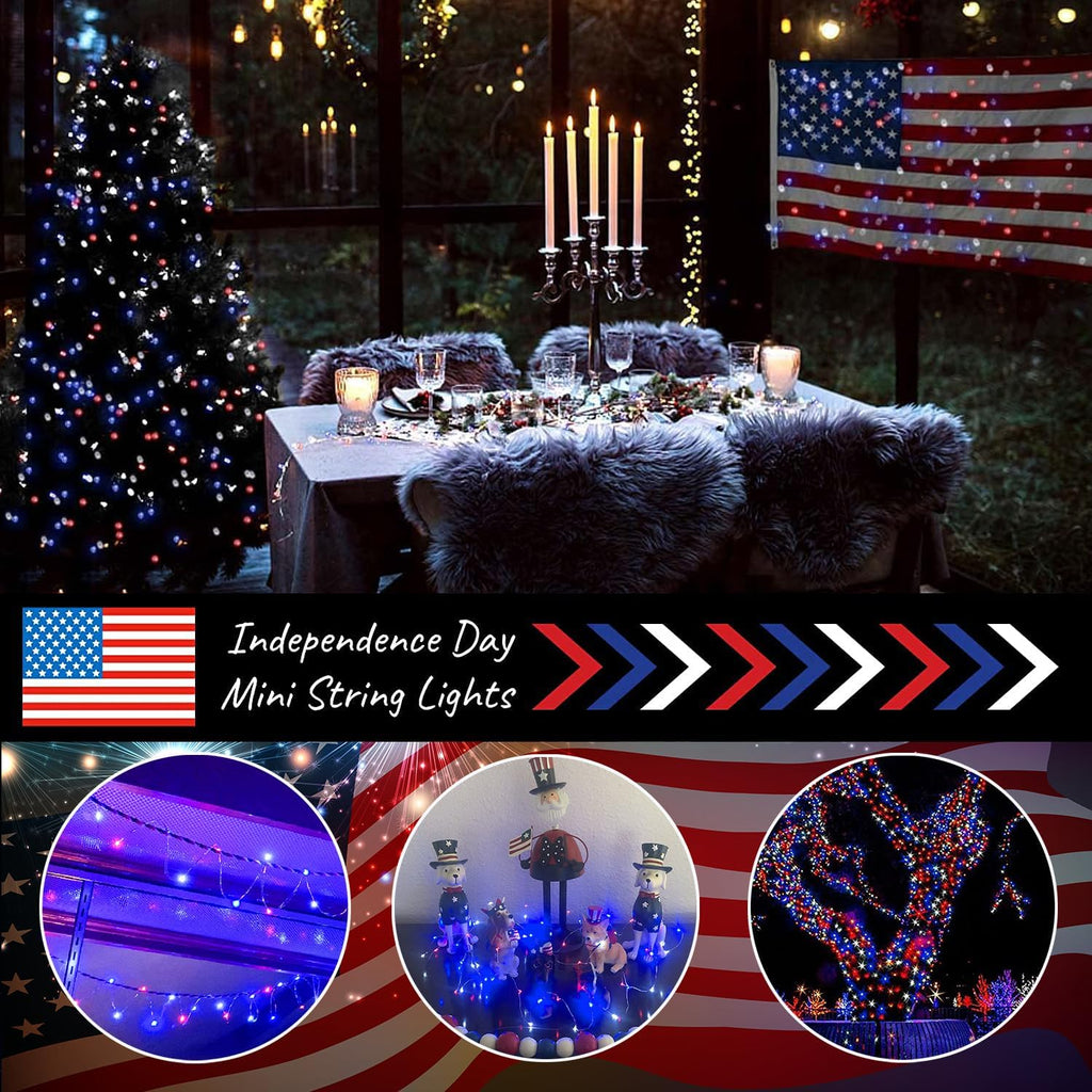 4th of July Patriotic Decorations, Red White Blue Fairy String Lights, Battery Operated with Timer, 2 Pack Total 33FT 100 Led Mini Battery Powered Mason Jar Firefly Lights DIY Party Memorial Day