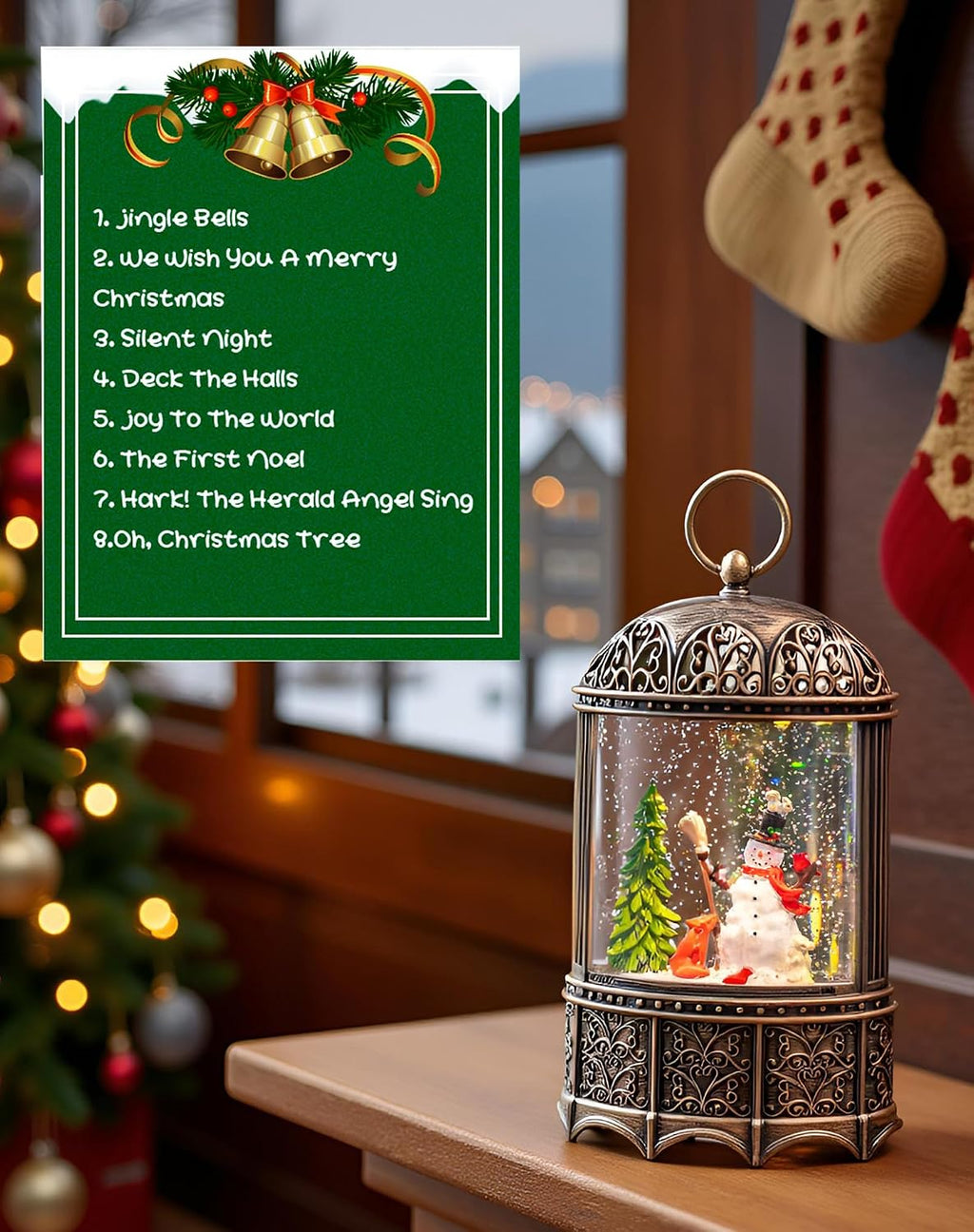 11" Christmas Snow Globe Lantern Winter Home Decor Rotating Snowflakes with Music and Timer Function USB or Battery Powered (Snowman)