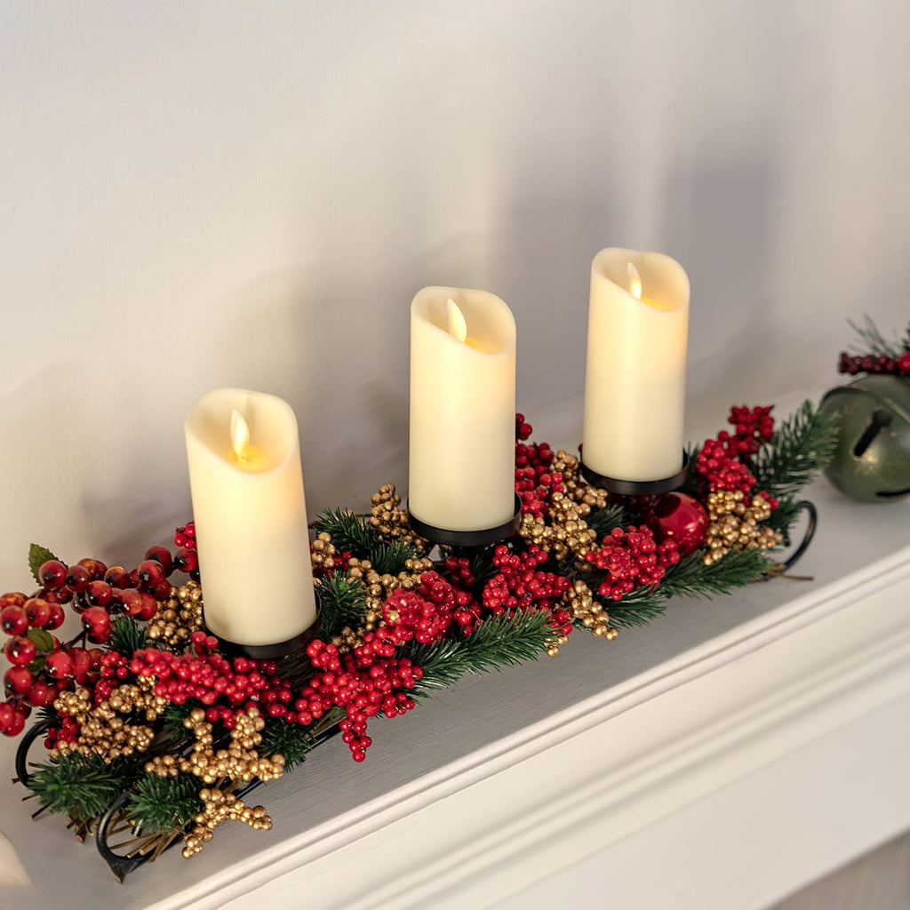 Ornativity Christmas Décor Candle Holder – Xmas Table Themed Candle Holder Centerpiece Decorations with Red and Gold Berries, Twigs, and Evergreens