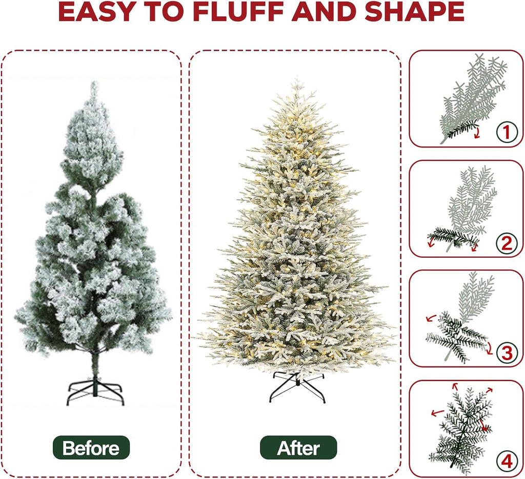 hykolity 7.5 ft prelit flocked christmas tree with, front angle view