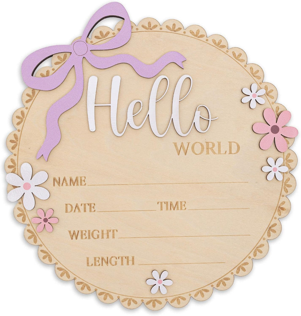 Hello World Wooden Baby Birth Announcement Sign, Pink Floral Newborn Name Date Time Weight Length Board, Baby Girl Nursery Decor Photo Prop Keepsake (Light purple ribbon)