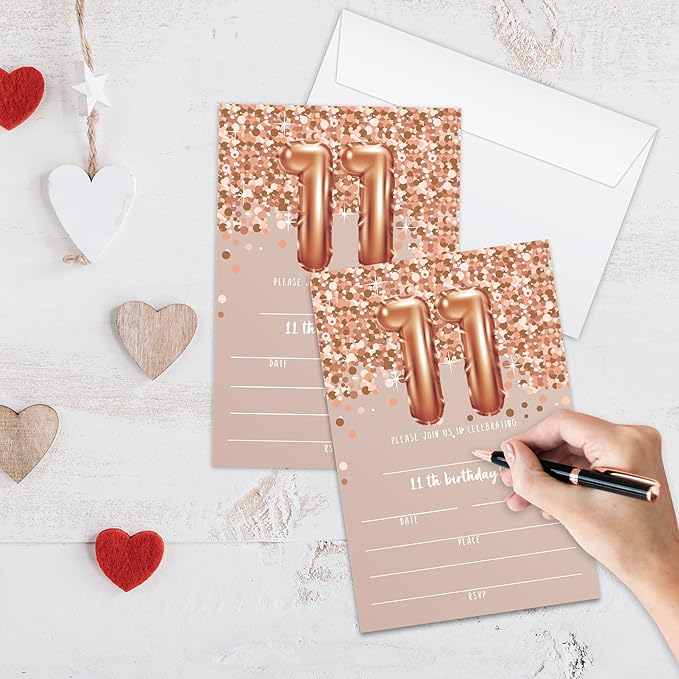 11th Birthday Invitation Cards, Rose Gold Glitter 11th Birthday Party Invites, Kids Happy Birthday Party Decorations Supplies, 20 Fill-in Cards with Envelopes for Boys or Girls Party Celebration - C03