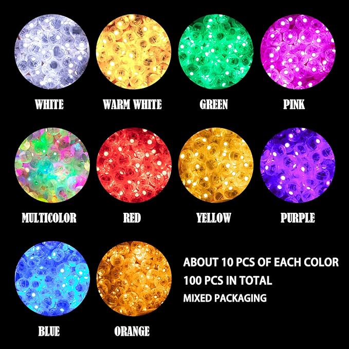Aogist 100pcs 10-Colors Mini Lights,Long Standby Time Waterproof LED Balloon Light,Battery Powered,Ball Lamp for Balloon Paper Lantern Birthday Party Christmas Halloween