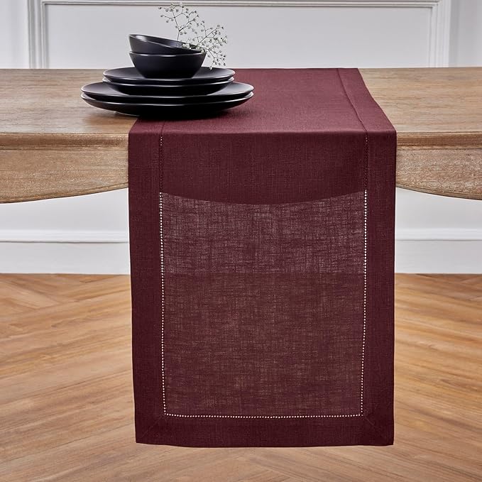 Solino Home Linen Table Runner 36 Inches - 100% Pure Linen Burgundy Hemstitch Table Runner 14 x 36 Inch Ideal for Dresser and Coffee Tables - Fall, Autumn, Thanksgiving, Holiday - Classic Hemstitch