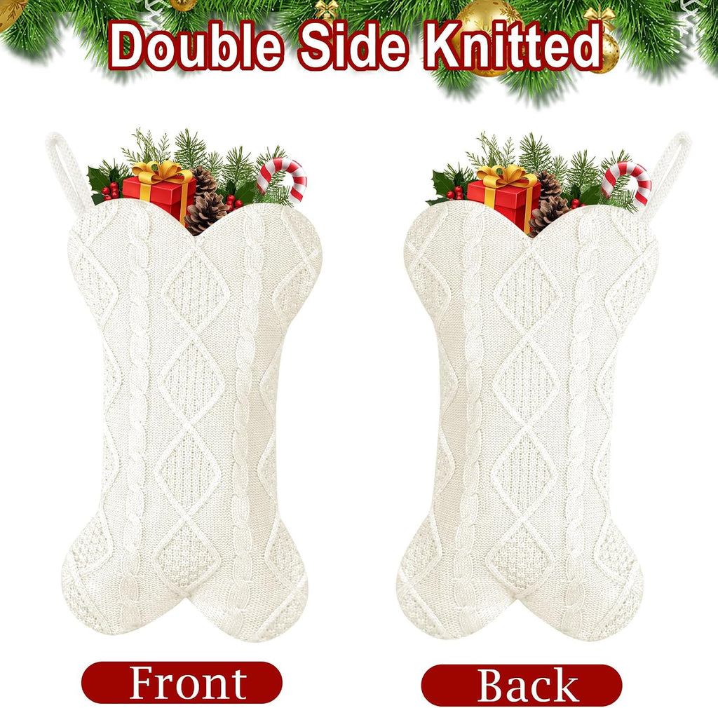 GOYOSWA 2 Pack Dog Christmas Stocking, 18 Inch Large Double Side Knitted Christmas Stocking for Dogs, Bone Shaped Hanging Dog Stockings for Dogs Pets (White & White)