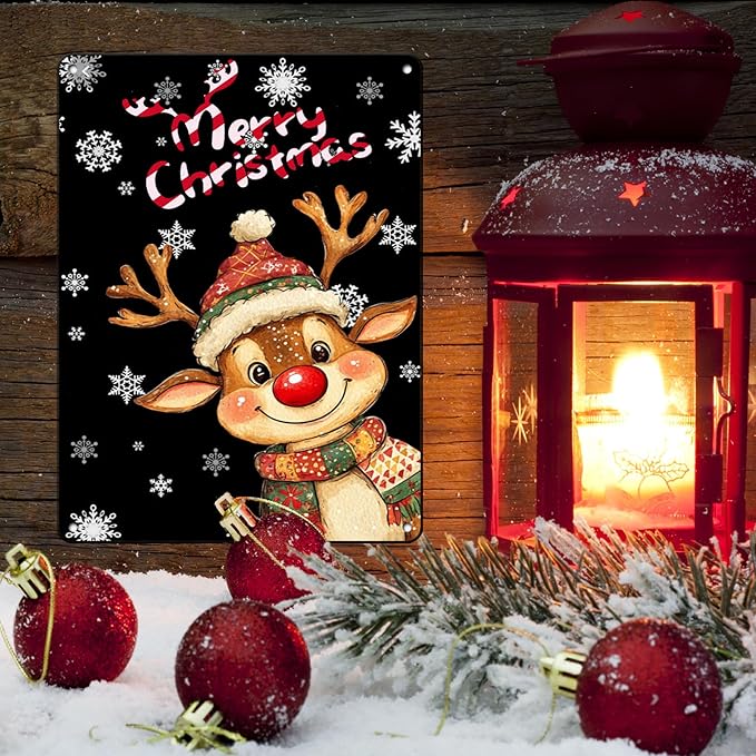 Merry Christmas Reindeer Metal Tin Sign - Funny Christmas House Decoration 12x16Inch for Outdoor and Indoor Use