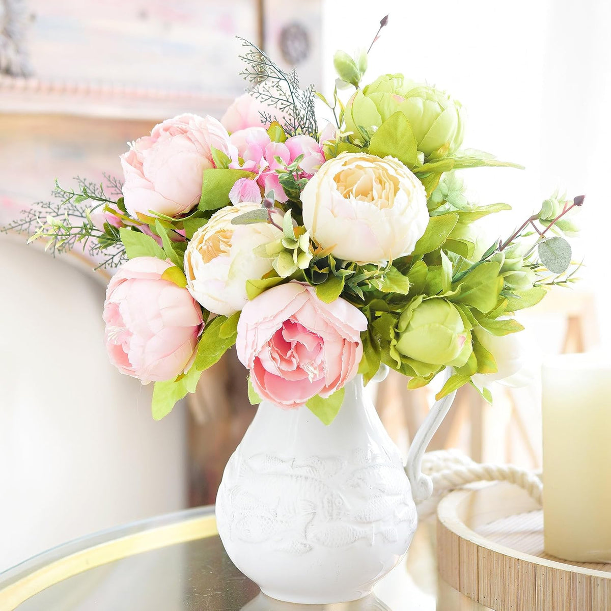 FiveSeasonStuff Artificial Peony Bouquet, Pink, Beige & Green Silk Flower...