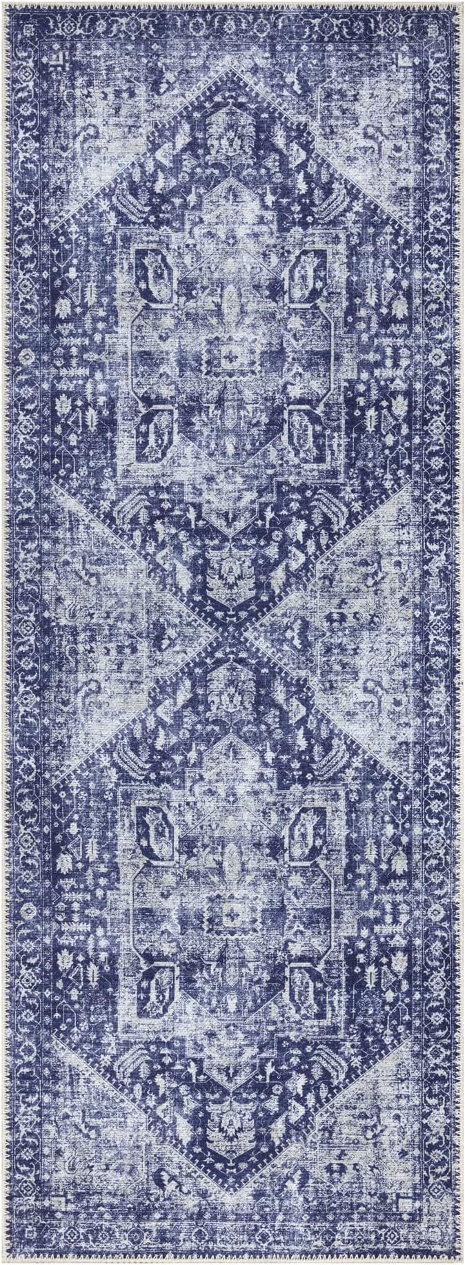 Bloom Rugs Washable Non-Slip 10 ft Runner - Blue/Ivory Traditional Runner for Entryway, Hallway, Bathroom, and Kitchen - Exact Size: 2.5' x 10'