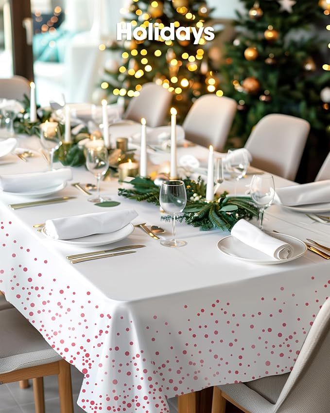 Pureegg Plastic Table Cloth Disposable 10 Pack, 54 x 108 Inch Table Cloths, Graduation Decorations of 2025, Graduation Tablecloths, Rectangle, Plastic Cover, Leakproof & Sturdy, White and Rose Gold