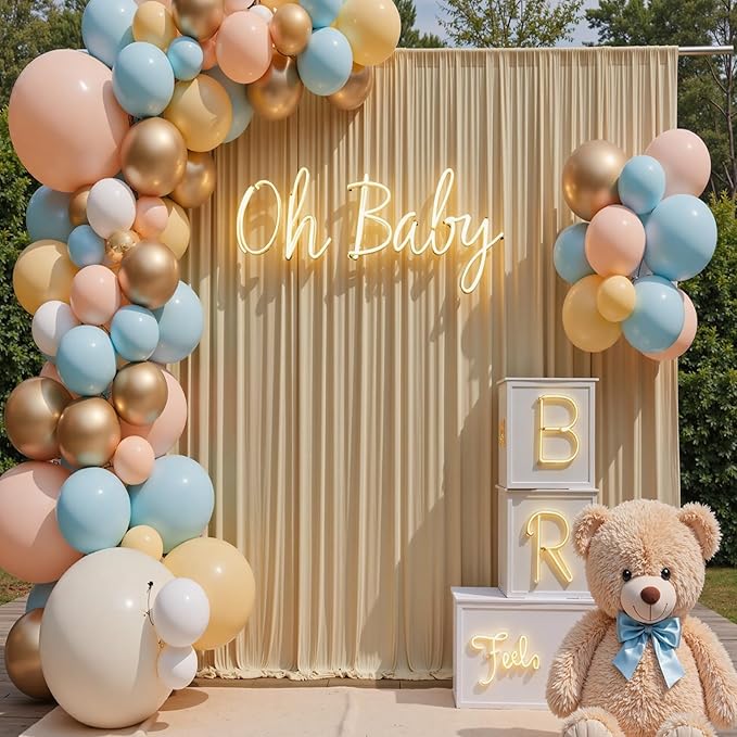 60×14 ft Wrinkle Free Beige Backdrop Curtain for Weddings Parties, 12 Panels 14ft Silky Polyester Wedding Drapes Backdrop Photo Back Drop Cloth for Birthday Baby Shower Photography Backgrounds