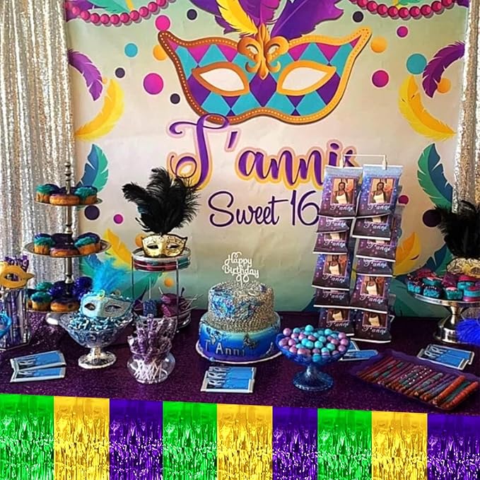 6 Pack 29x108 Inch Mardi Gras Metallic Foil Fringe Tinsel Table Skirts for Rectangle Tables Streamer Backdrop for Wedding, Birthday, Parade Floats, Carnival Party Decoration Gold Green Purple