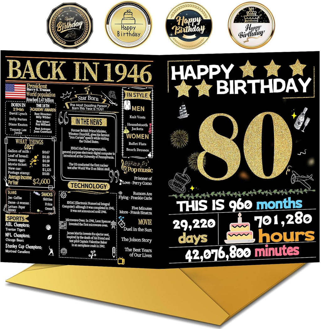 Joycard 80th Birthday Card with Envelope, 80th Birthday Decorations for Women Men, 80th Birthday Gifts, Perfect for Grandpa Grandma, Happy Birthday Cards for 80 Year Old Mother Dad, Back in 1946