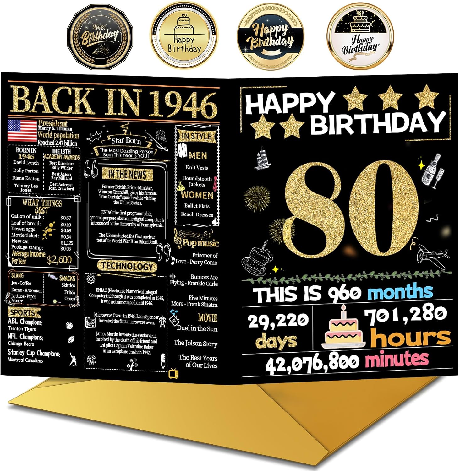 Joycard 80th Birthday Card with Envelope, 80th Birthday Decorations for Women Men, 80th Birthday Gifts, Perfect for Grandpa Grandma, Happy Birthday Cards for 80 Year Old Mother Dad, Back in 1946