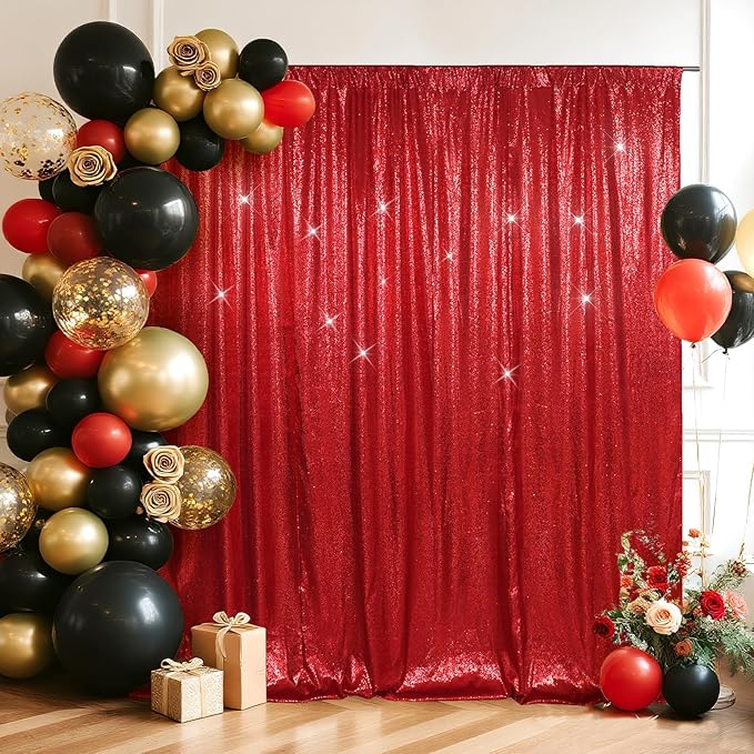 SquarePie Sequin Backdrop Less Transparent Background Sparkly Curtain for Wedding Christmas Party 6FT x 8FT Red