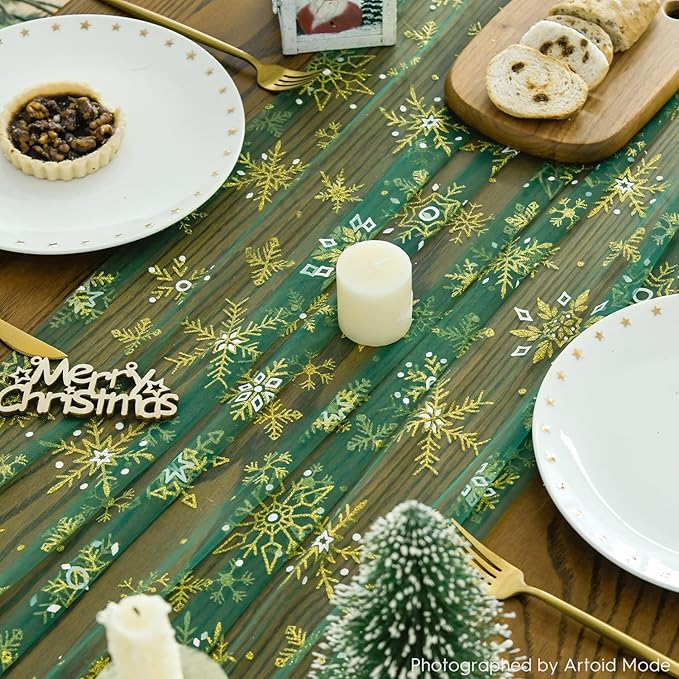 Artoid Mode Green Gold Snowflakes Christmas Gauze Table Runner 120 Inch 10FT, Winter Seasonal Sheer Dining Holiday Wedding Table Decor for Home Party