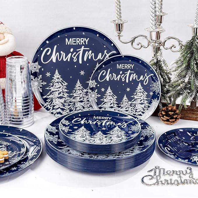 Supernal 150pcs Christmas Dinnerware Set - Blue and White Plates With Trees Design, Blue Silverware, Santa and Moose Silver Cups for New Year