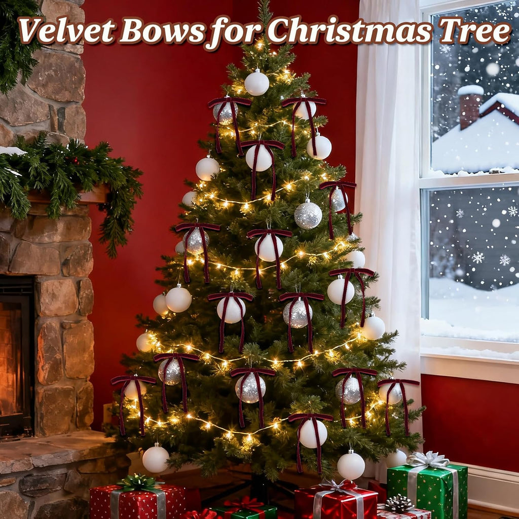 HEAEUNK 40 Pack Burgundy Bows for Christmas Tree, Burgundy Velvet Christmas Tree Bows, Xmas Velvet Ornaments for Wreaths, Garland, Wreaths, Gifts & Holiday Indoor & Outdoor Decor (5"x7", 3/8")