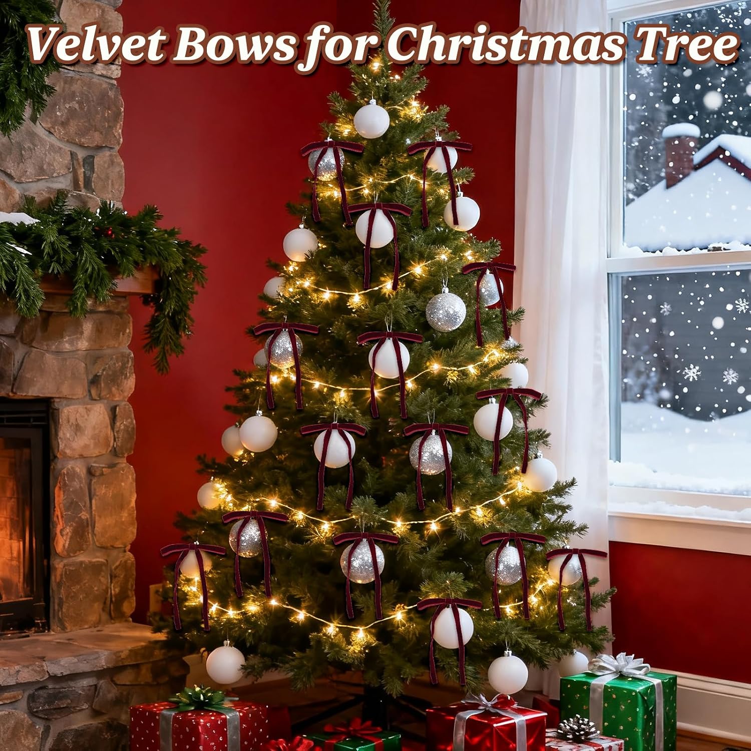 HEAEUNK 40 Pack Burgundy Bows for Christmas Tree, Burgundy Velvet Christmas Tree Bows, Xmas Velvet Ornaments for Wreaths, Garland, Wreaths, Gifts & Holiday Indoor & Outdoor Decor (5"x7", 3/8")