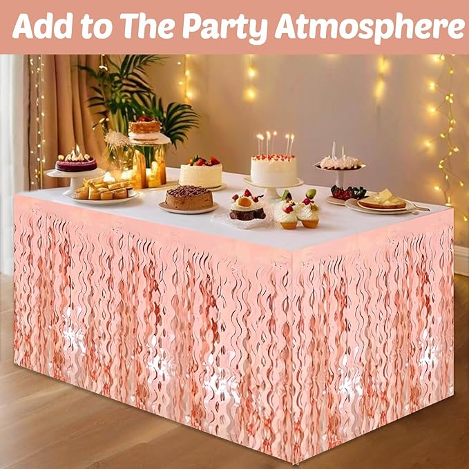 6 Pack 29x108 Inch Rose Gold Wave Foil Fringe Table Skirts Metallic Banner for Tinsel Streamer Garland Backdrop for Parade Floats Wedding, Mother's Day, Birthday Mardi Gras Party Decorations