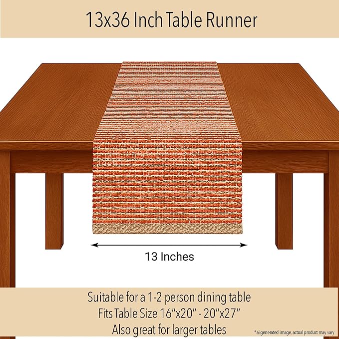 Chardin home Natural Jute Table Runner 13x36 Inch – Vintage Boho Rustic Table Decor – Handwoven Table Runner in Natural Jute and Rust Orange – Farmhouse Dining or Console Table Accent