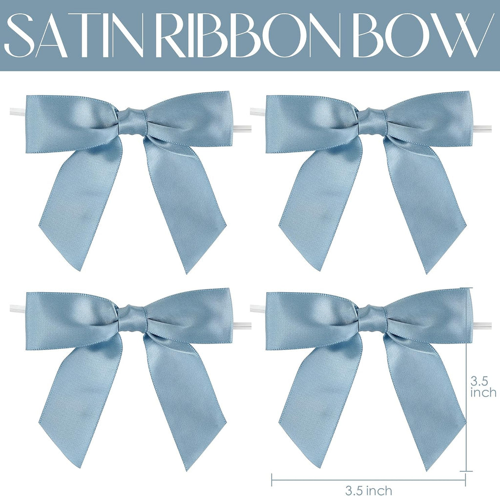 AIMUDI Dusty Blue Satin Ribbon Bows 3.5" Pre-Tied Twist Tie Bows for Treat Bags Gift Wrapping Cake Pop Goodie Bags Party Wedding Baby Shower Favor - 50 PCs