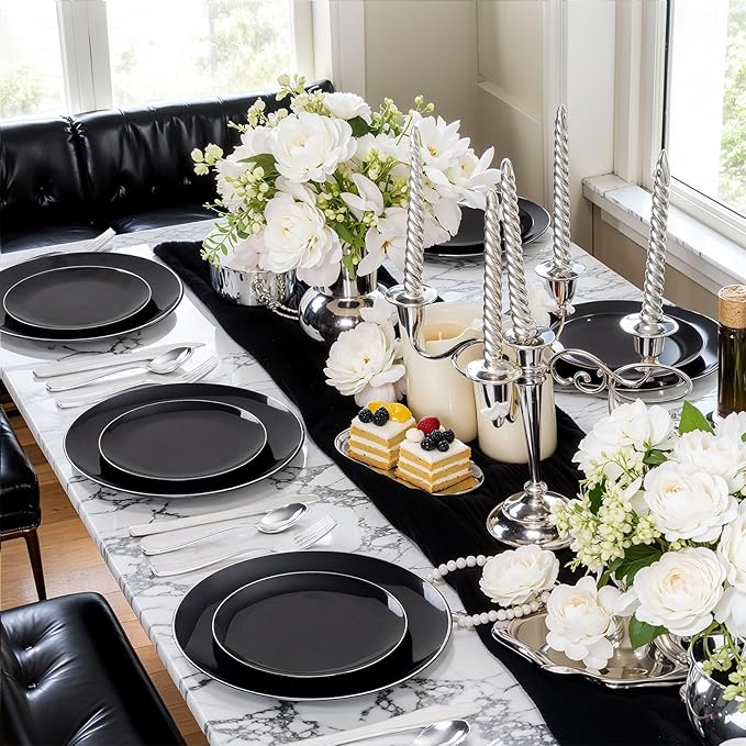 bUCLA 100PCS Black Plastic Plates - Heavy Duty Black Disposable with Silver Rim Include 50 Each (10 inch Dinner & 7 inch Dessert) Plates, Ideal for Party & Halloween