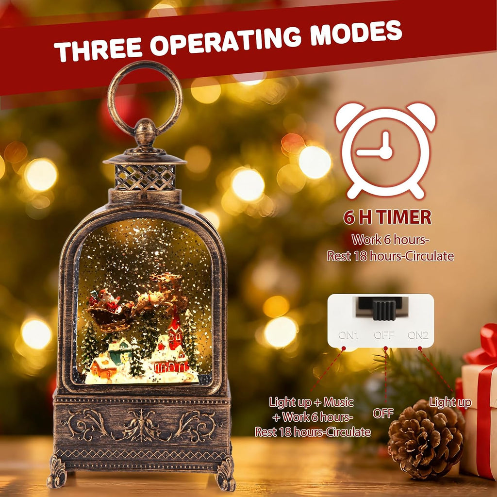 Village Snow Globe Christmas, 10.2 Musical Snow Globe Lantern Lights with 6H Timer Battery & USB Powered, Retro Style Holiday Glitter Snow Globes for Xmas Home Decoration Indoor Party Gifts