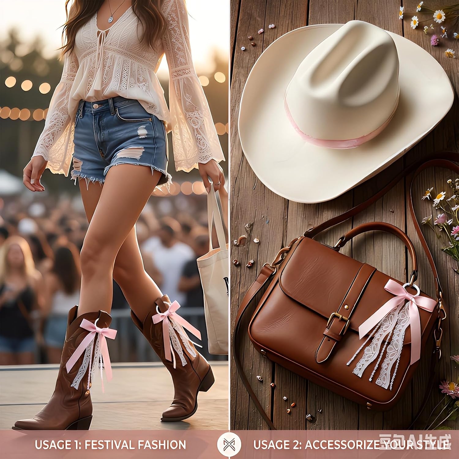 4 Pcs Pink Ribbon Boot Bows for Cowgirl Boots, Removable Lace Bow Clip Shoe Accessories for Women DIY Party Decor